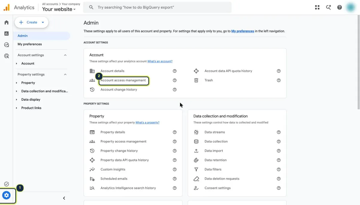 Google Analytics Admin page with Account access management highlighted