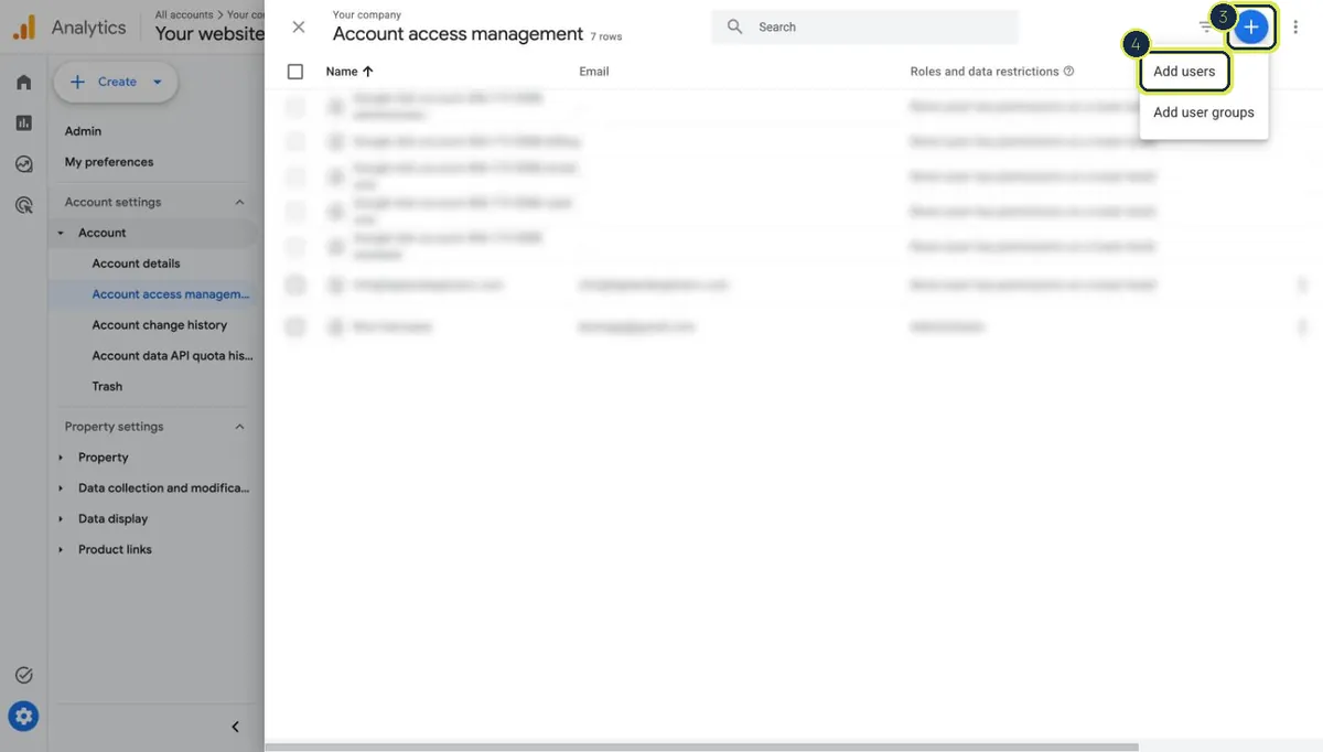 Access management panel with the plus button and Add users highlighted
