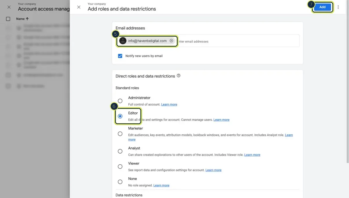 Add roles and data restrictions form with email, Editor role and Add highlighted