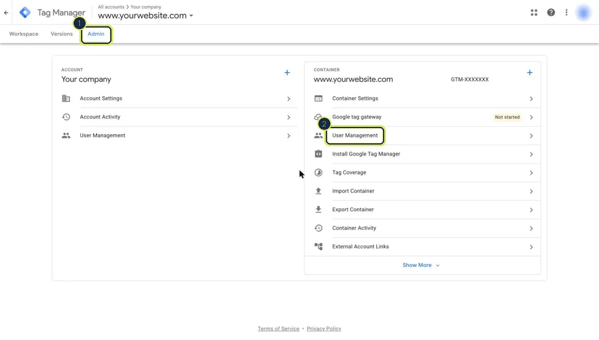 Tag Manager Admin tab with container User Management highlighted