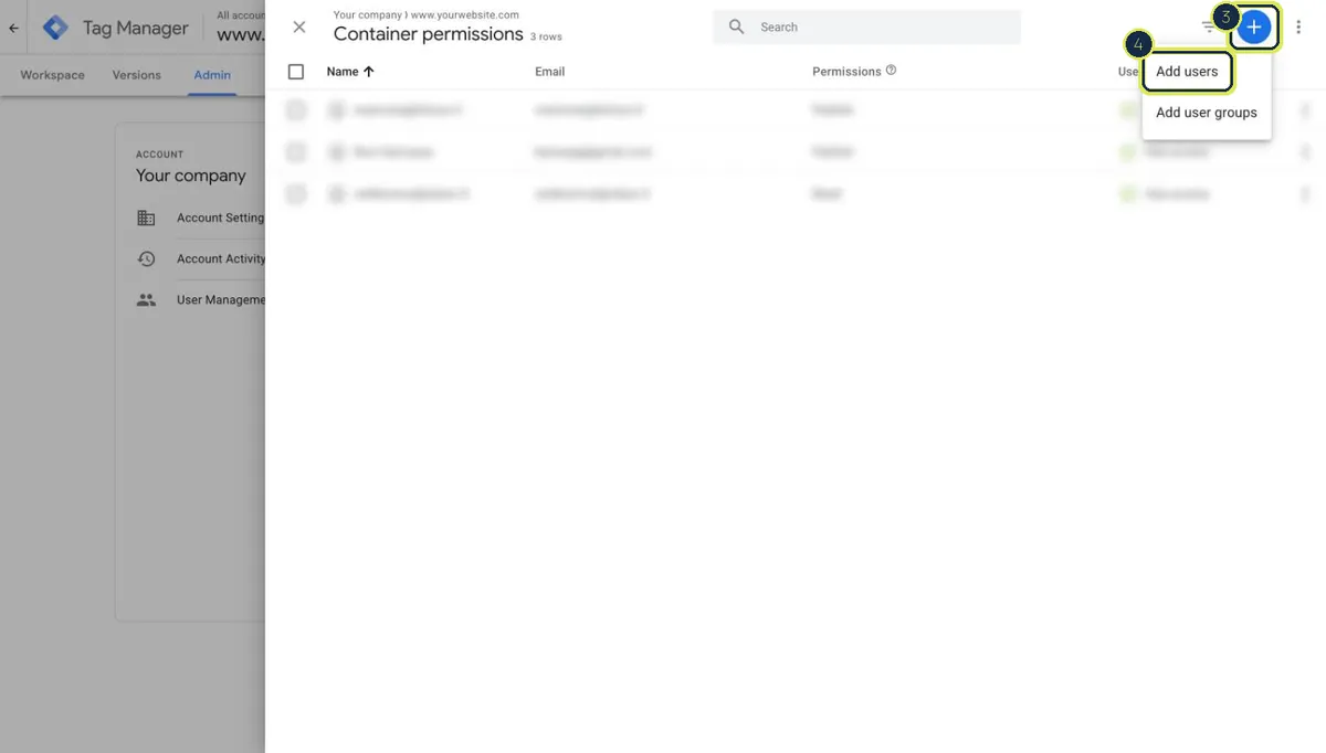 Container permissions panel with the plus button and Add users highlighted