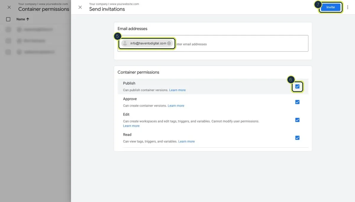 Add users form with email, Publish permission and Invite highlighted