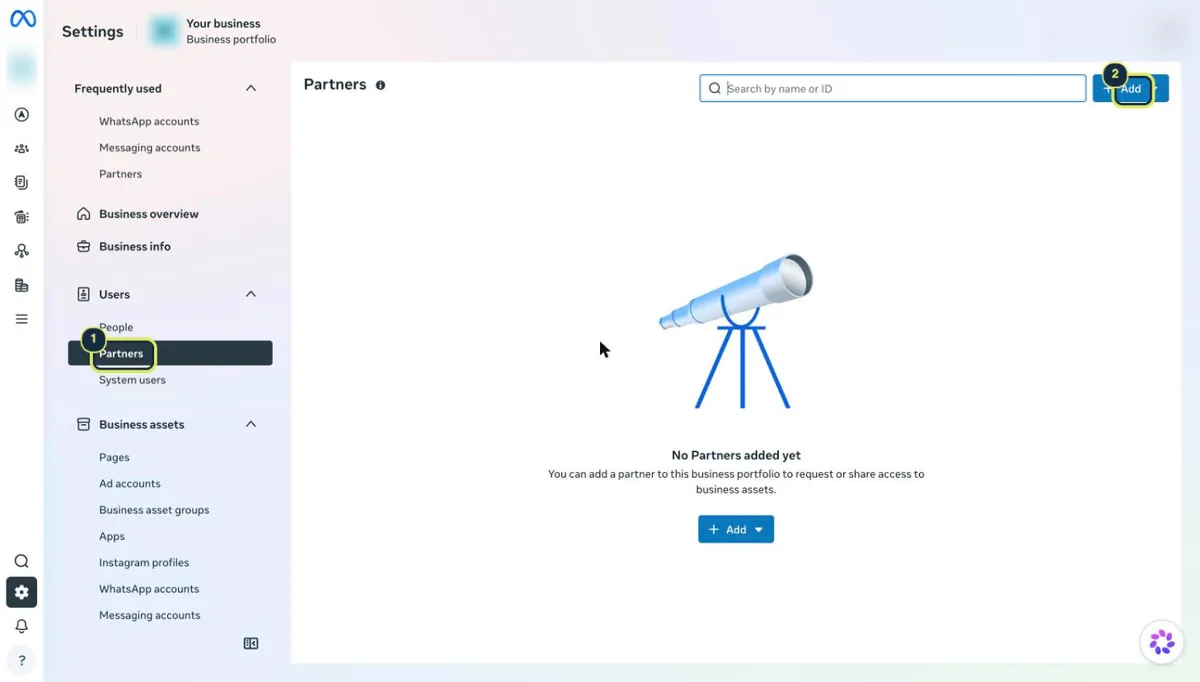 Meta Business Settings Partners page with the Add button highlighted