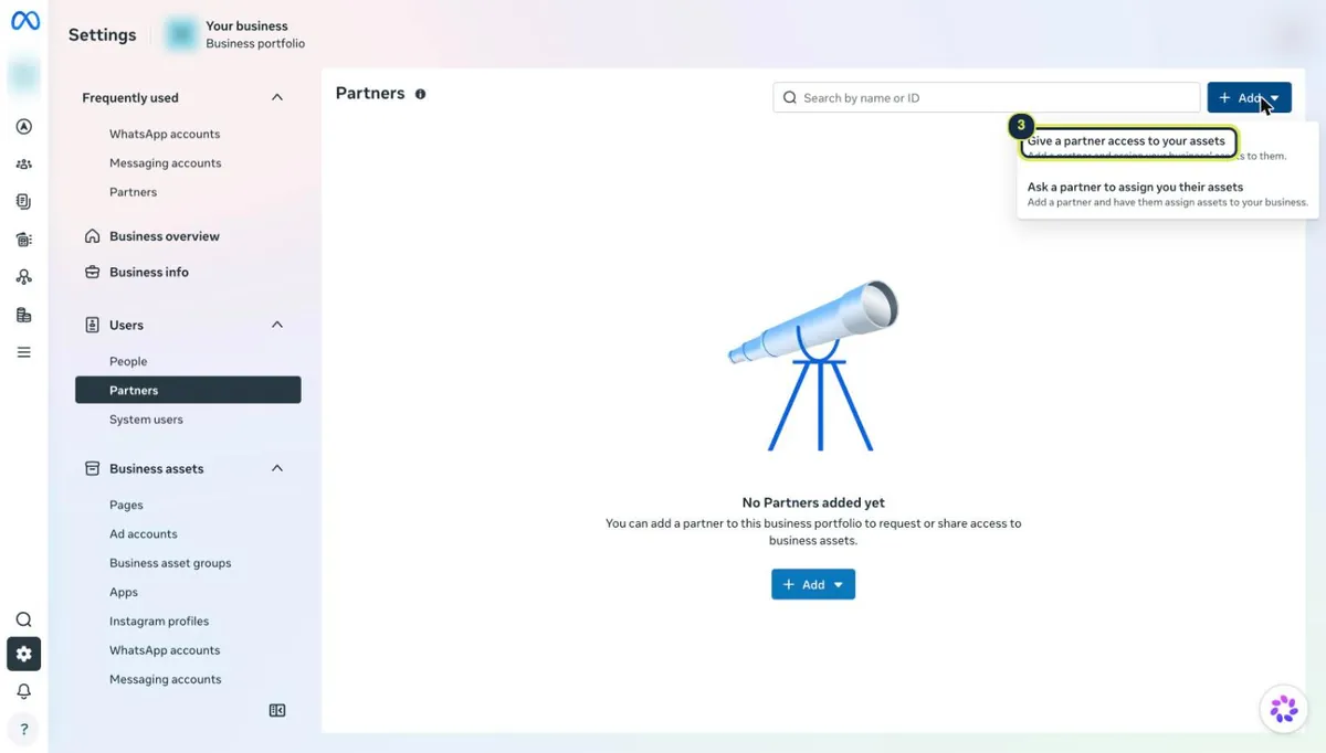 Add menu with Give a partner access to your assets highlighted
